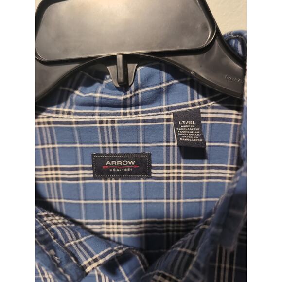 Arrow Button Front Shirt, Men's Size LT,‎ Blue Plaid Short Sleeves, Cotton Blend - Picture 4 of 7